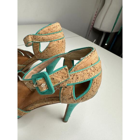 Aldo Platform Turquoise Suede & Tan Cork Stiletto Heel Ankle Strap Sandal 5.5 - Picture 8 of 16